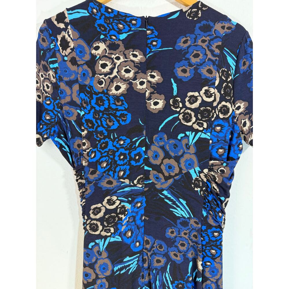 BOSS Hugo Boss Blue Multicolor Floral Midi Wrap Dress V-Neck Short Sleeve Sz M - Picture 10 of 11